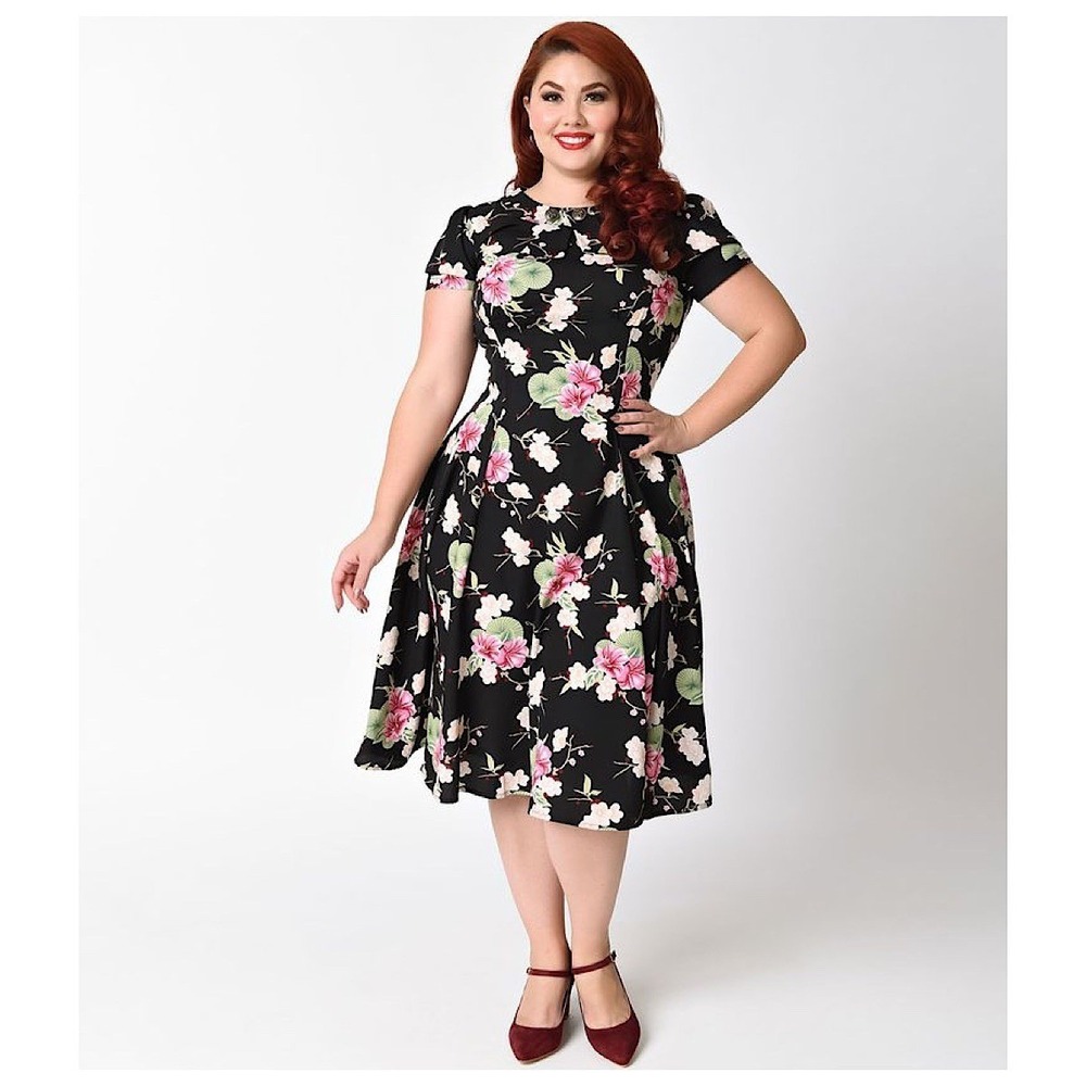 Hell Bunny Vixen Rockabilly Short Sleeve Midi Dress Womens 2XL Black Floral